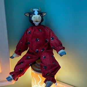Vintage whimsical cow shelf sitter in cute cow pajamas
